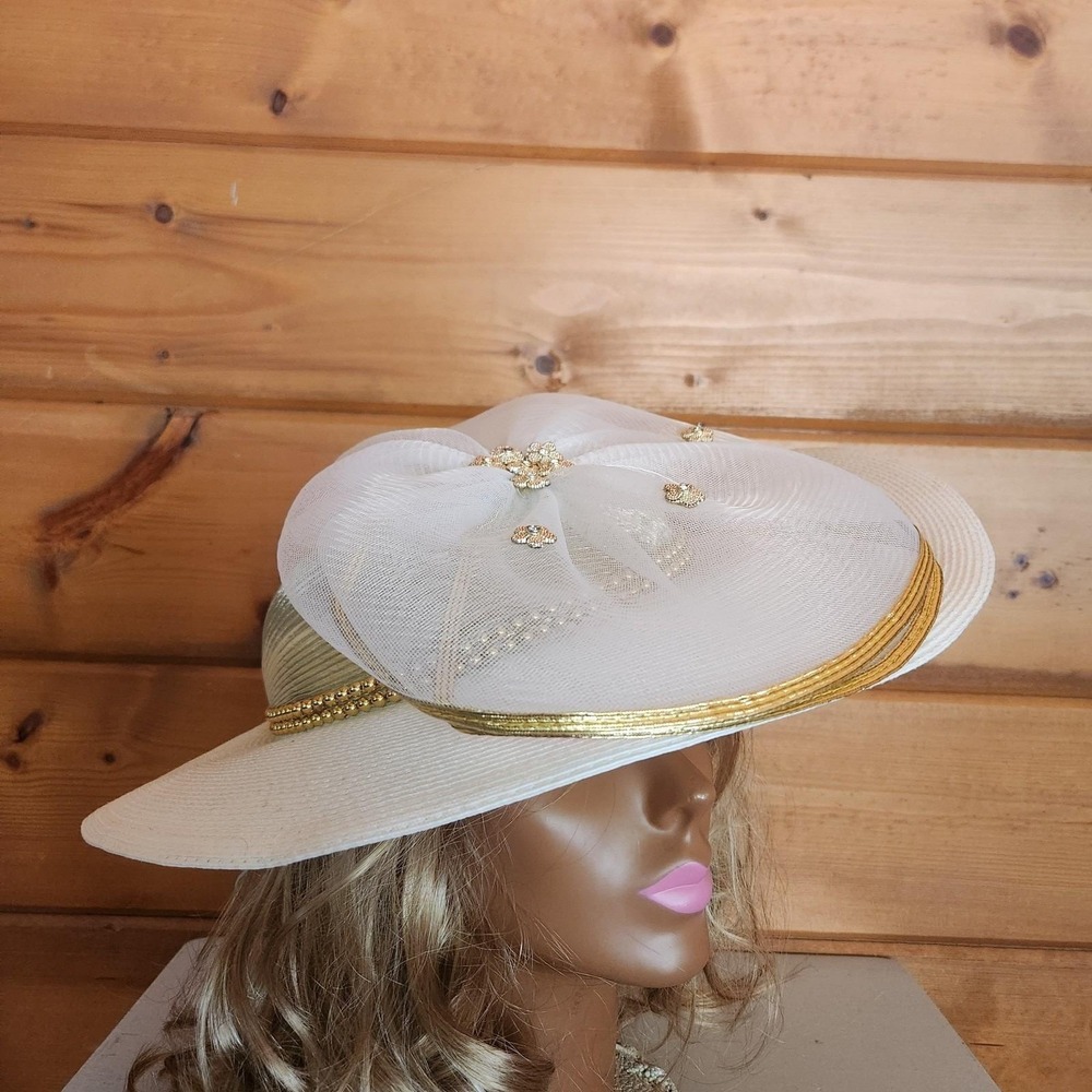 Mr. HI's Classic Wide Brim Gold Trim Floral Rhinestone Church Derby Hat Vintage